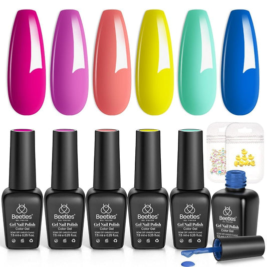 beetles front packaging showing six neon gel bottles and set benefit