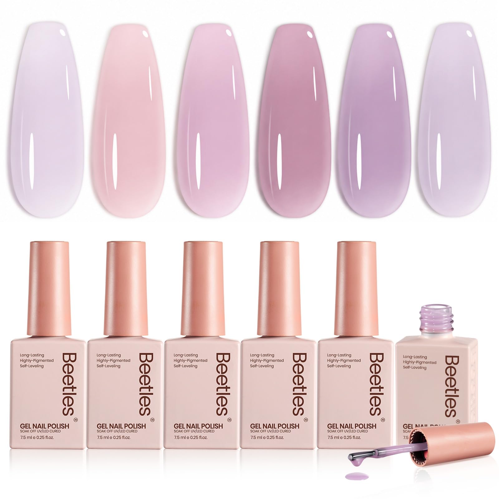Beetles Gel Polish front packaging showing six taro milk tea shades, neat presentation benefit