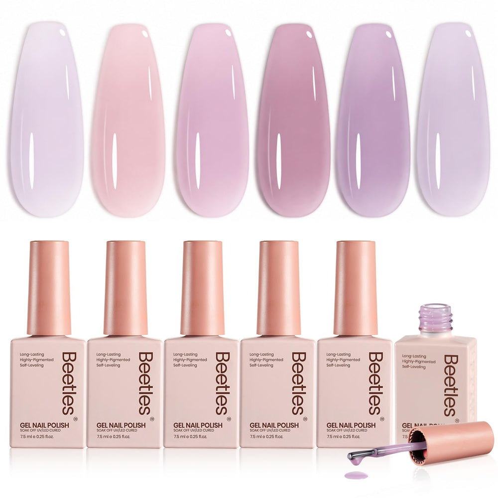 Beetles Gel Polish front packaging showing six taro milk tea shades, neat presentation benefit