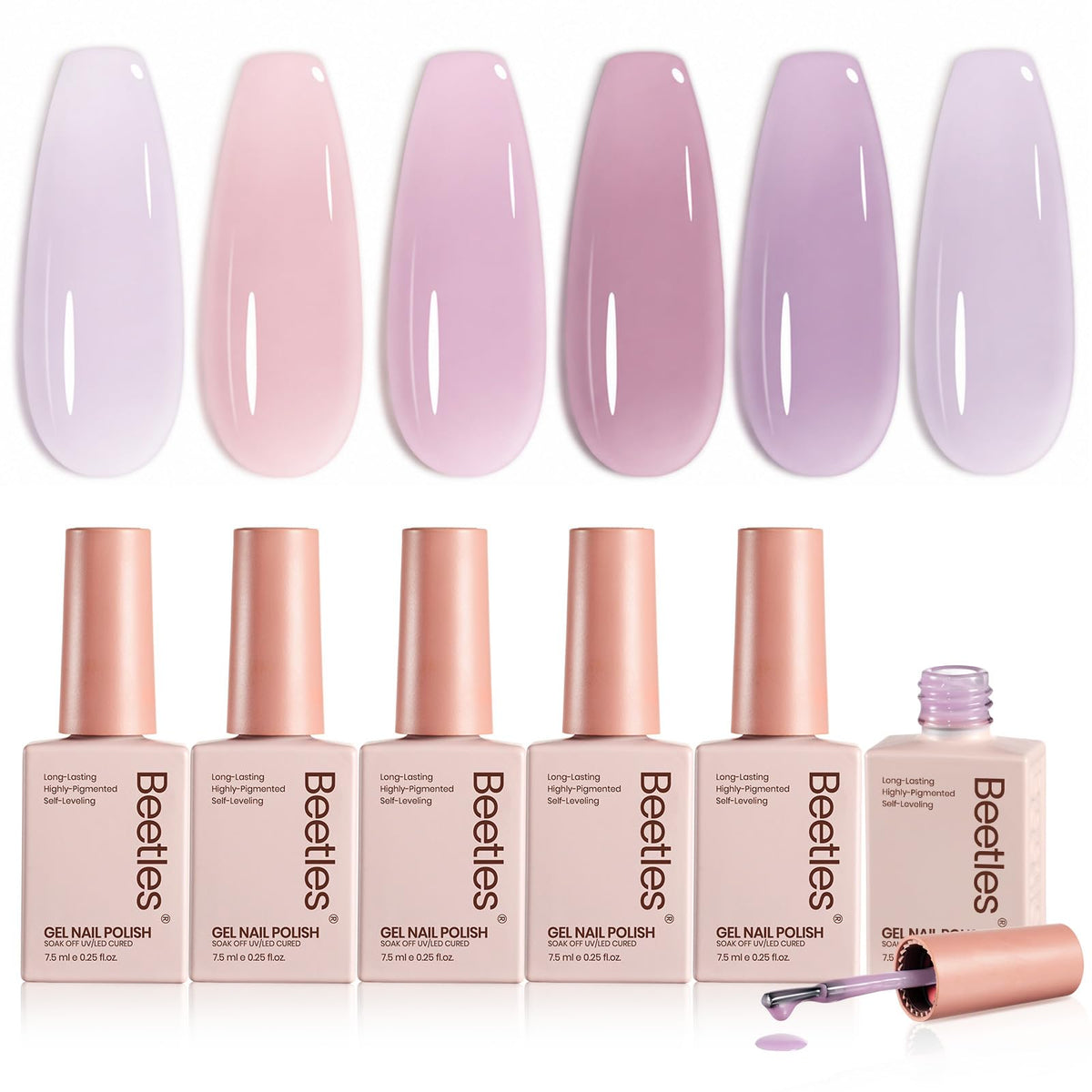 Beetles Gel Polish front packaging showing six taro milk tea shades, neat presentation benefit