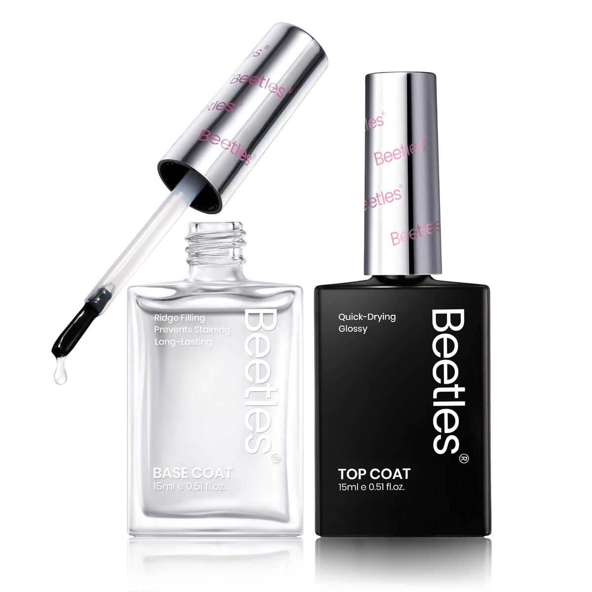 Beetles front packaging showing both base and top coat and quick-dry benefit