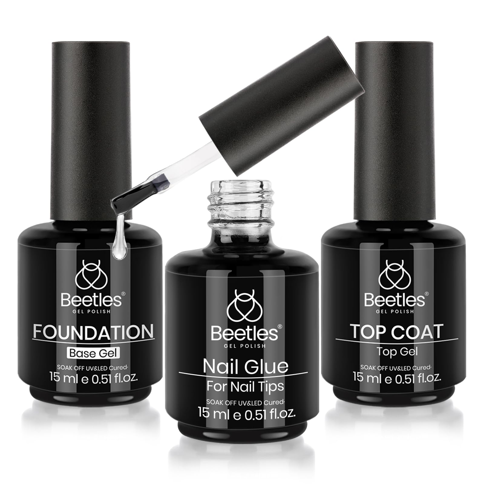 Beetles front packaging showing top coat, base and 9-in-1 glue set with clear branding and convenience