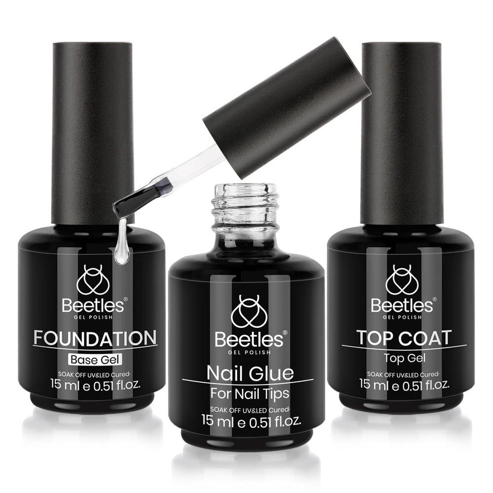 Beetles front packaging showing top coat, base and 9-in-1 glue set with clear branding and convenience