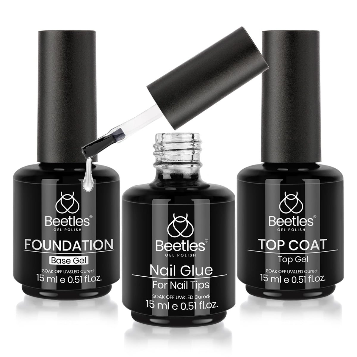 Beetles front packaging showing top coat, base and 9-in-1 glue set with clear branding and convenience
