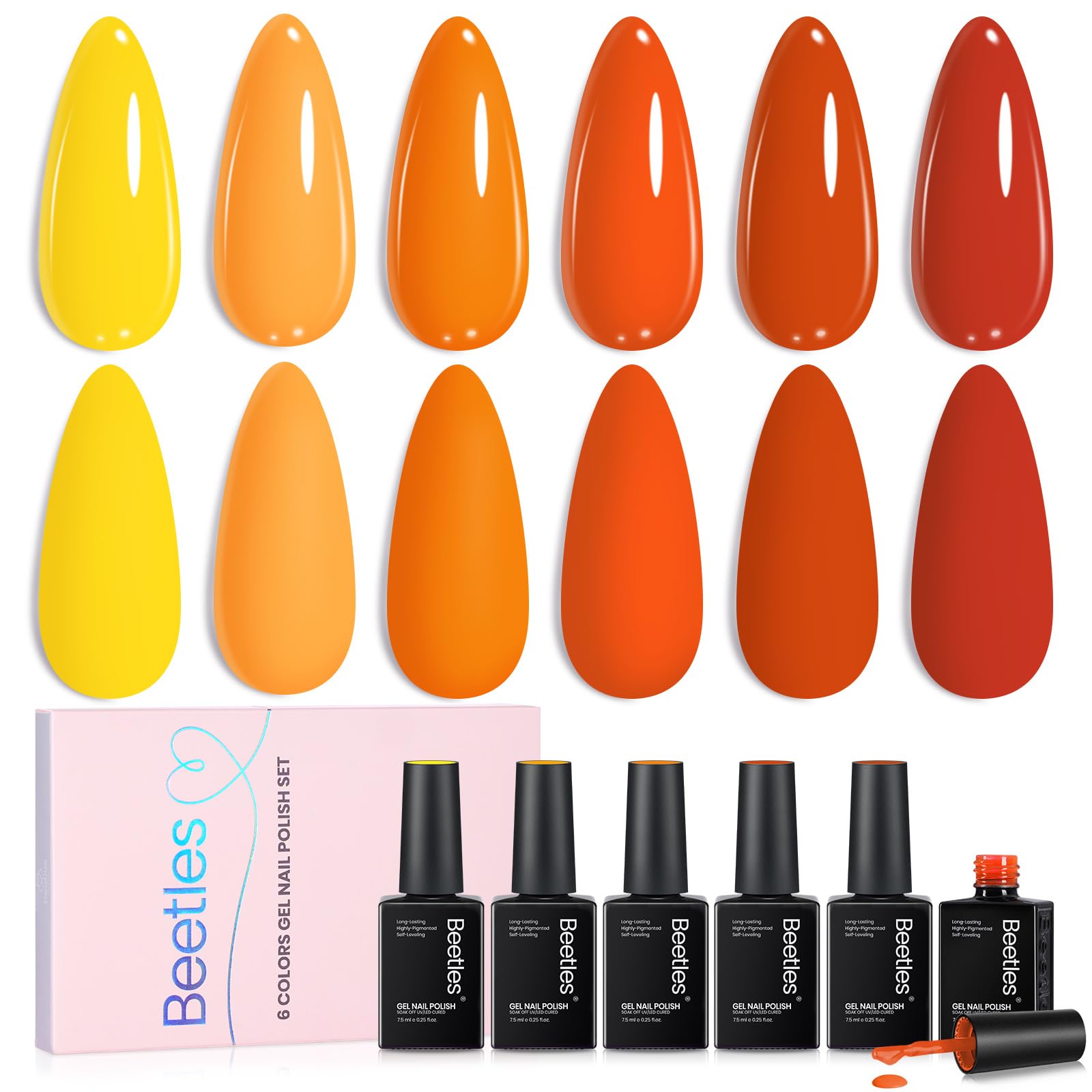 beetles front packaging showing six warm sunset gel colors and gift-ready box