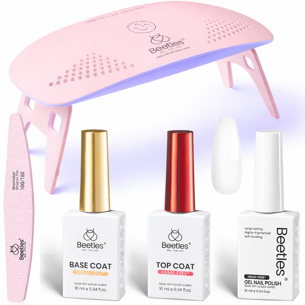 Beetles front packaging showing full white gel nail kit and travel-ready components