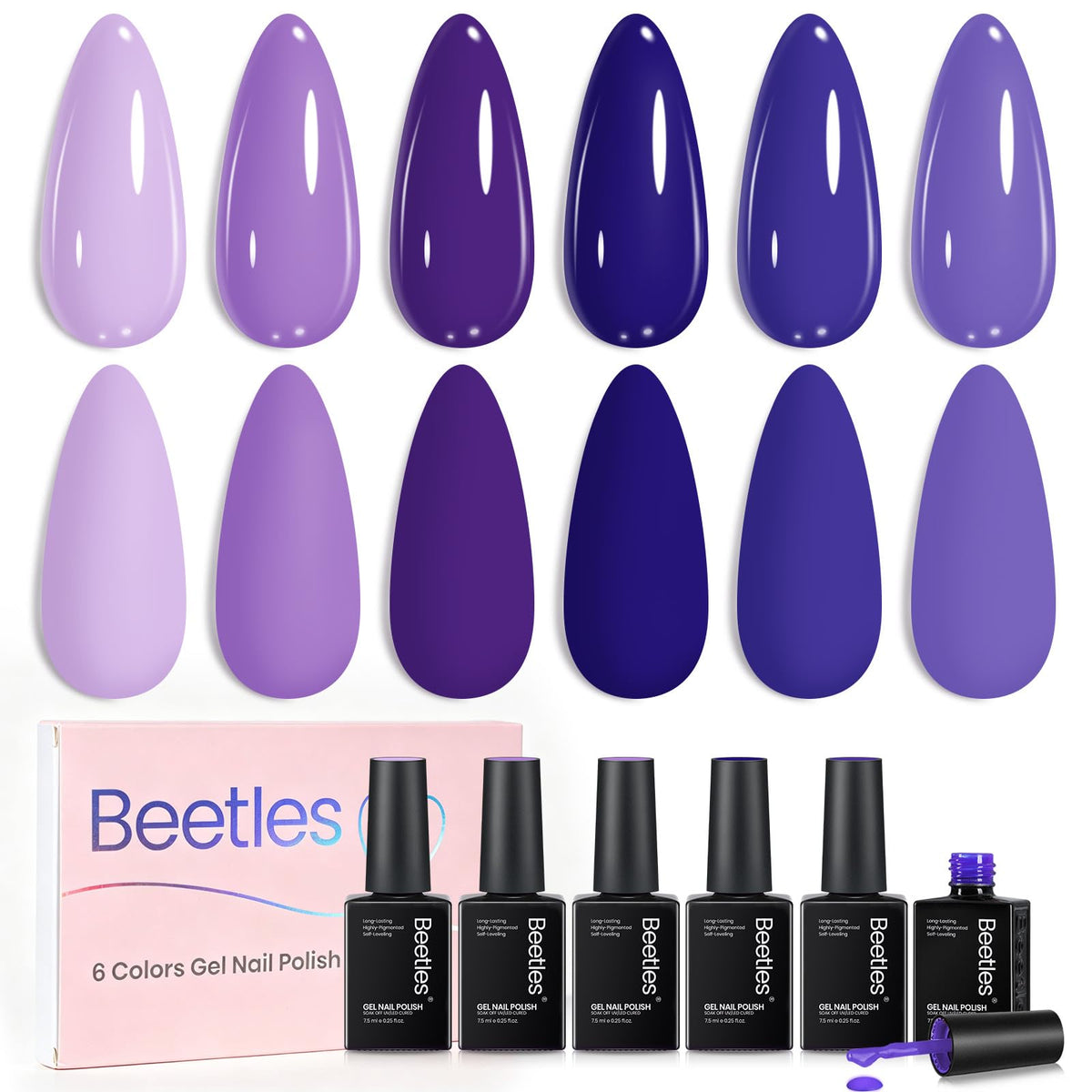 beetles front packaging showing seven purple-blue bottles and neat display benefit clear set presentation