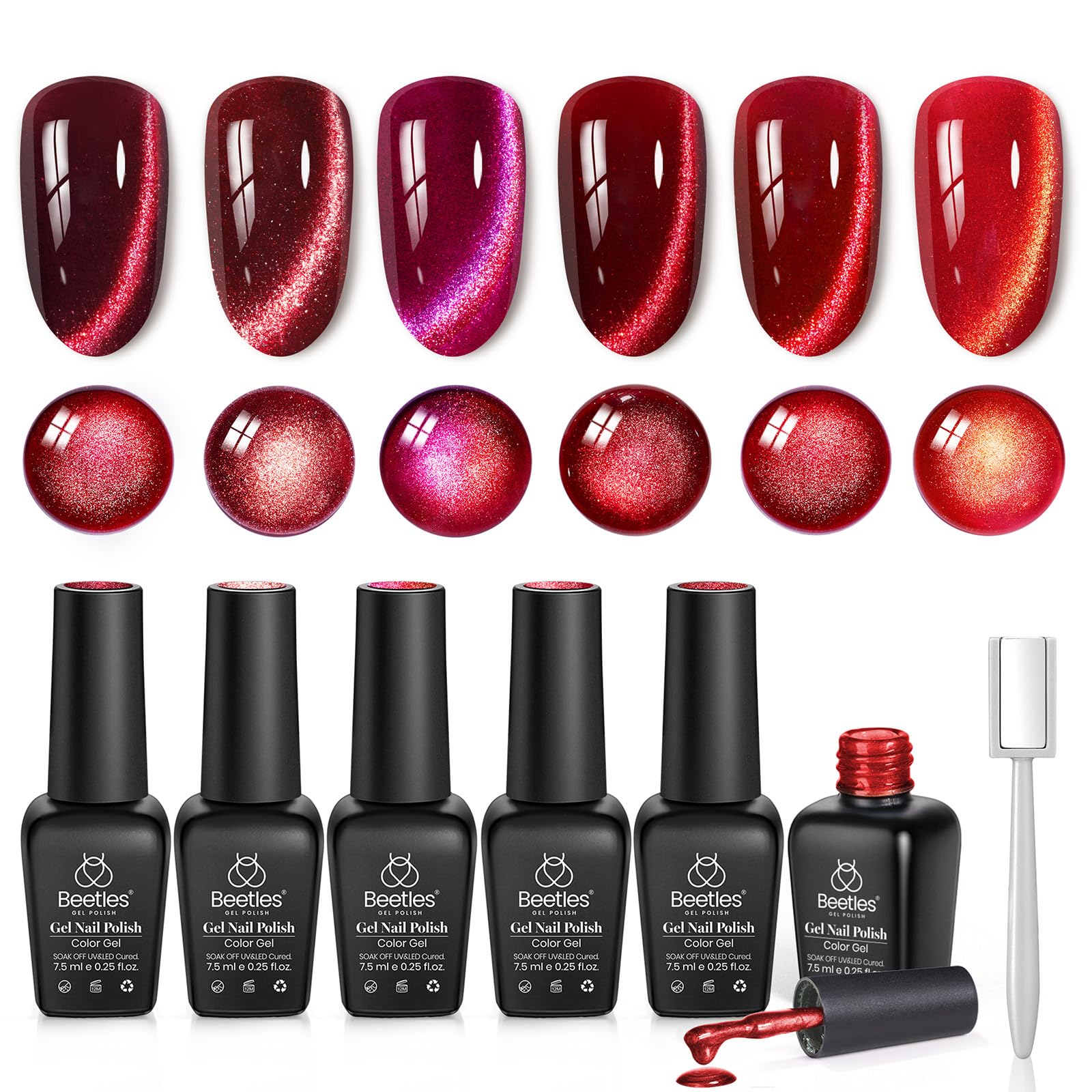 Beetles front packaging showing six burgundy gel polish bottles and magnet, professional gift-ready set