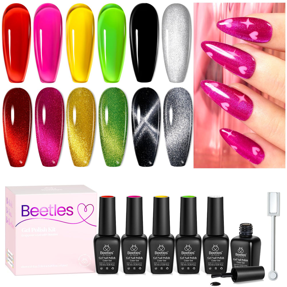 beetles front packaging showing six gel polish bottles and magnet, clear kit presentation
