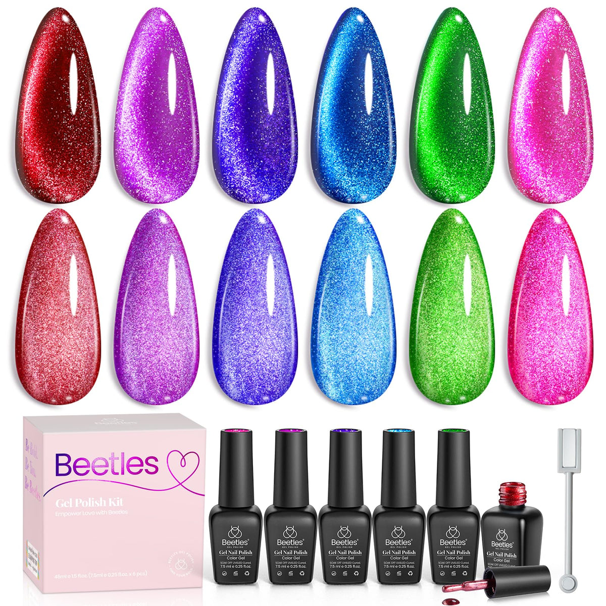 beetles front packaging showing six neon gel bottles and magnet for clear kit overview