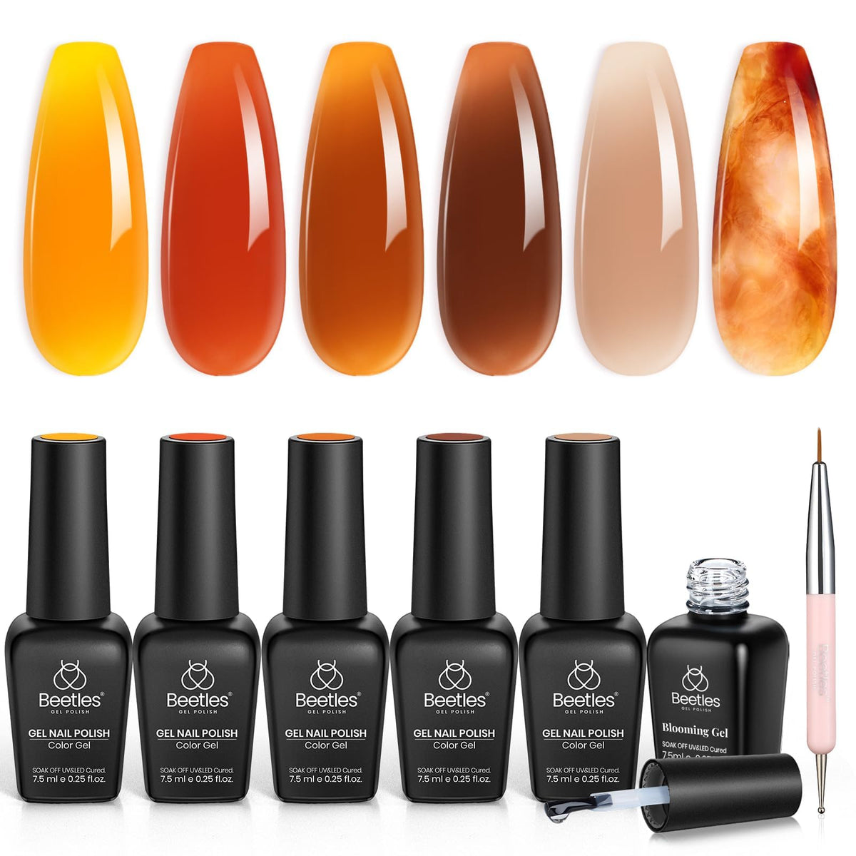 Beetles Gel Polish front packaging showing six amber chic bottles for easy kit identification