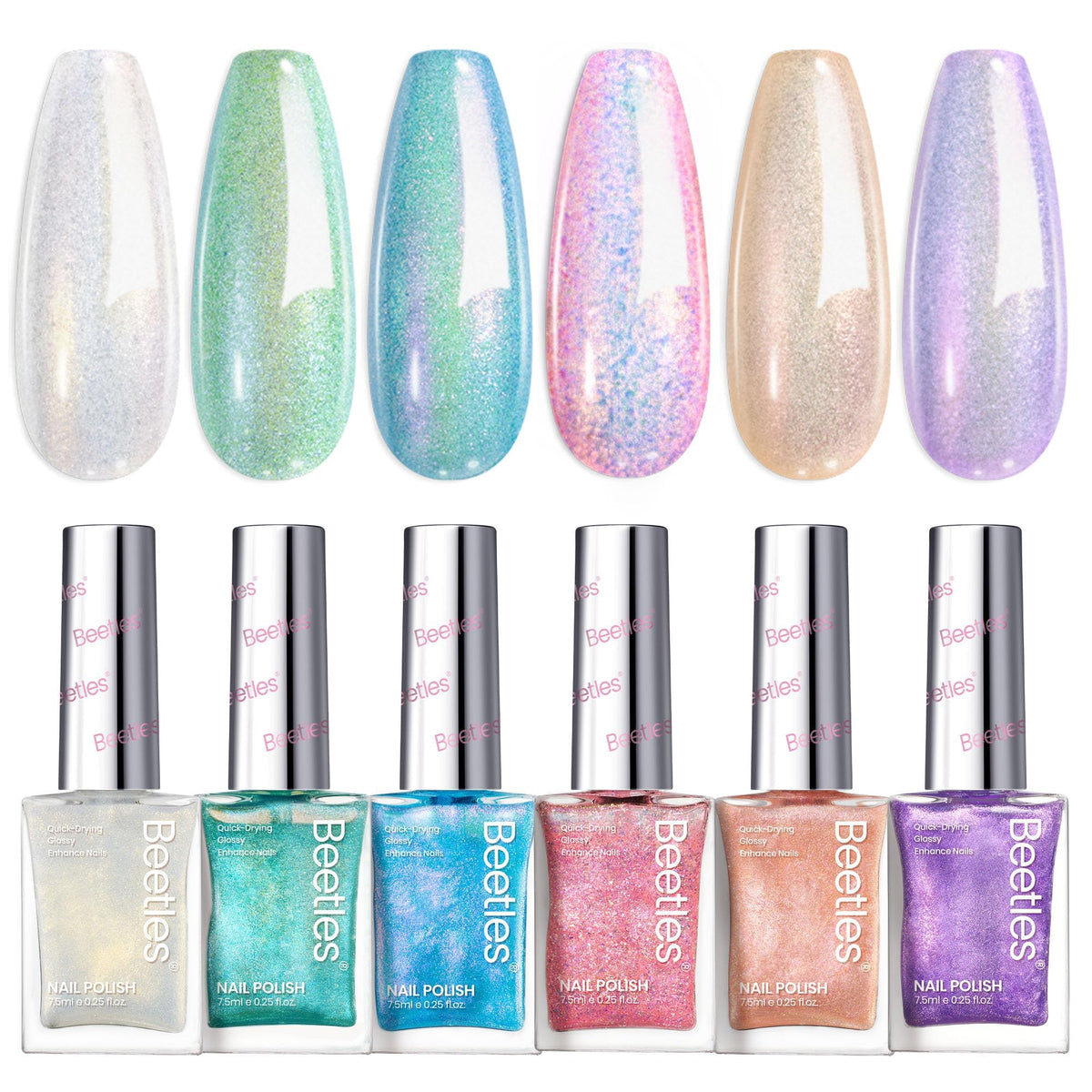 Beetles Gel Polish front packaging showing six pastel glitter bottles and bright appeal