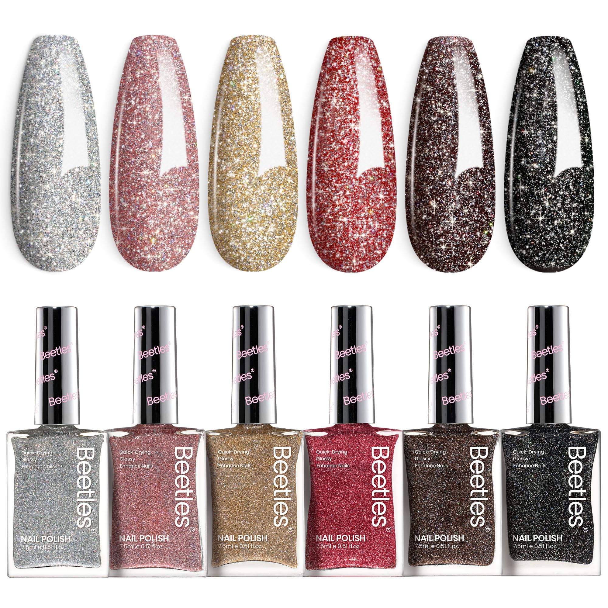 Beetles front packaging showing six glitter colors and quick-dry benefits