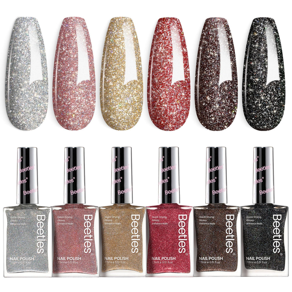 Beetles front packaging showing six glitter colors and quick-dry benefits