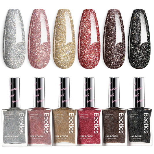 Beetles front packaging showing six glitter colors and quick-dry benefits