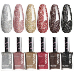 Beetles front packaging showing six glitter colors and quick-dry benefits