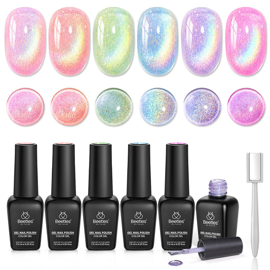 Beetles front packaging showing six colorful bottles and compact gift-ready design benefit