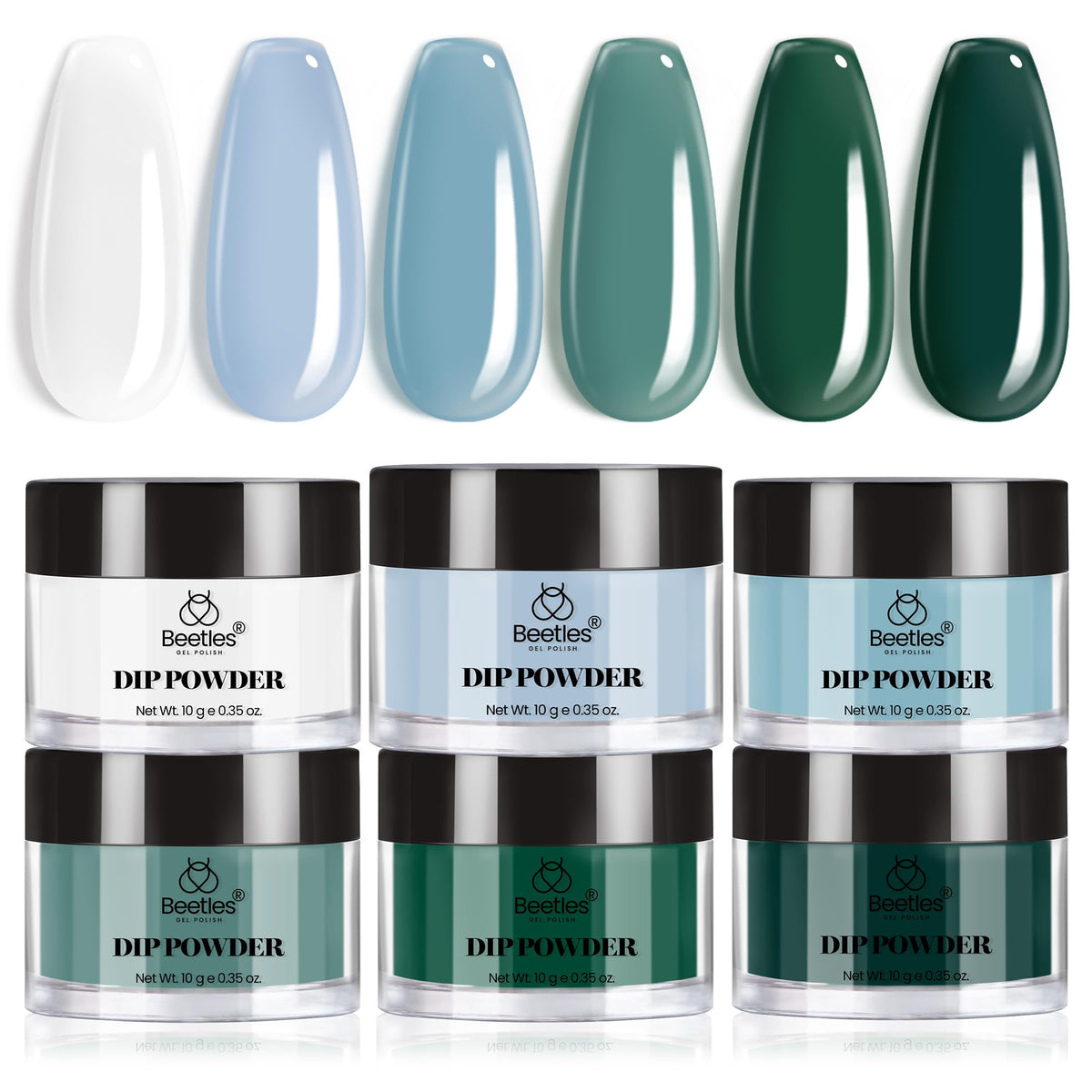 Beetles Gel Polish front packaging showing six powder jars and box, clear labeling benefit