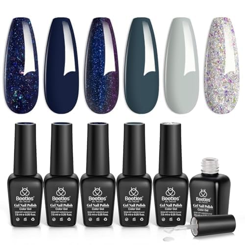 Beetles Gel Polish front packaging showing six glittery navy and silver bottles for gifting