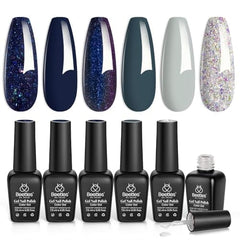 Beetles Gel Polish front packaging showing six glittery navy and silver bottles for gifting
