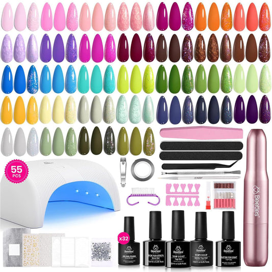 beetles Gel Polish front packaging showing full 55-piece kit and benefits