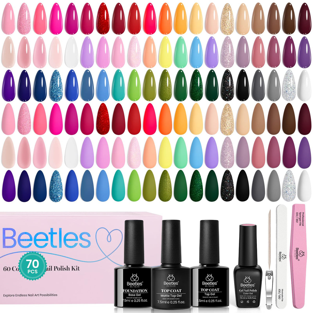 Beetles front packaging showing the full 70-piece kit for easy identification and gifting