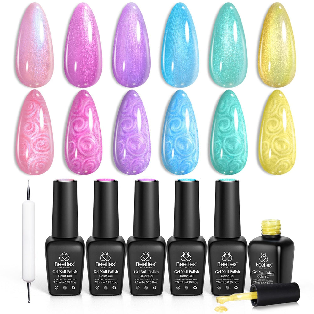 beetles front packaging showing six iridescent gel bottles and set benefits