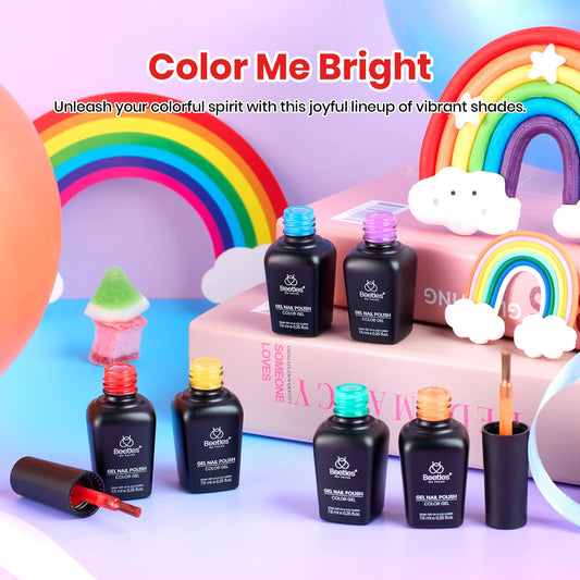 beetles gel bottles lined up displaying vibrant rainbow pigments for creative nail art