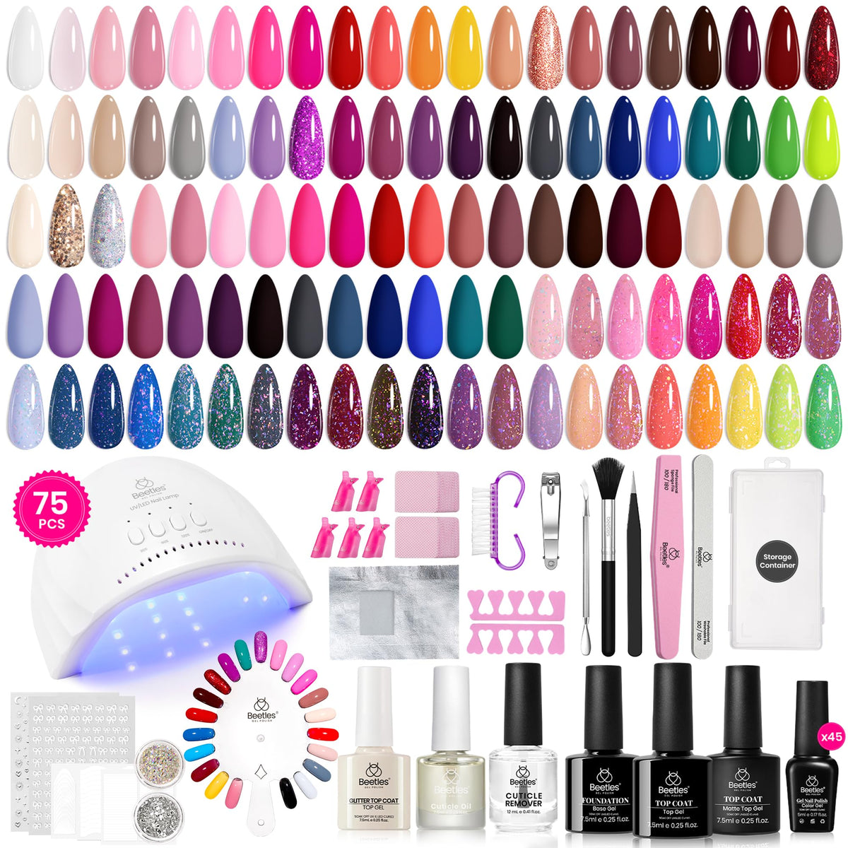 beetles gel kit front packaging showing full 75-piece set and benefits
