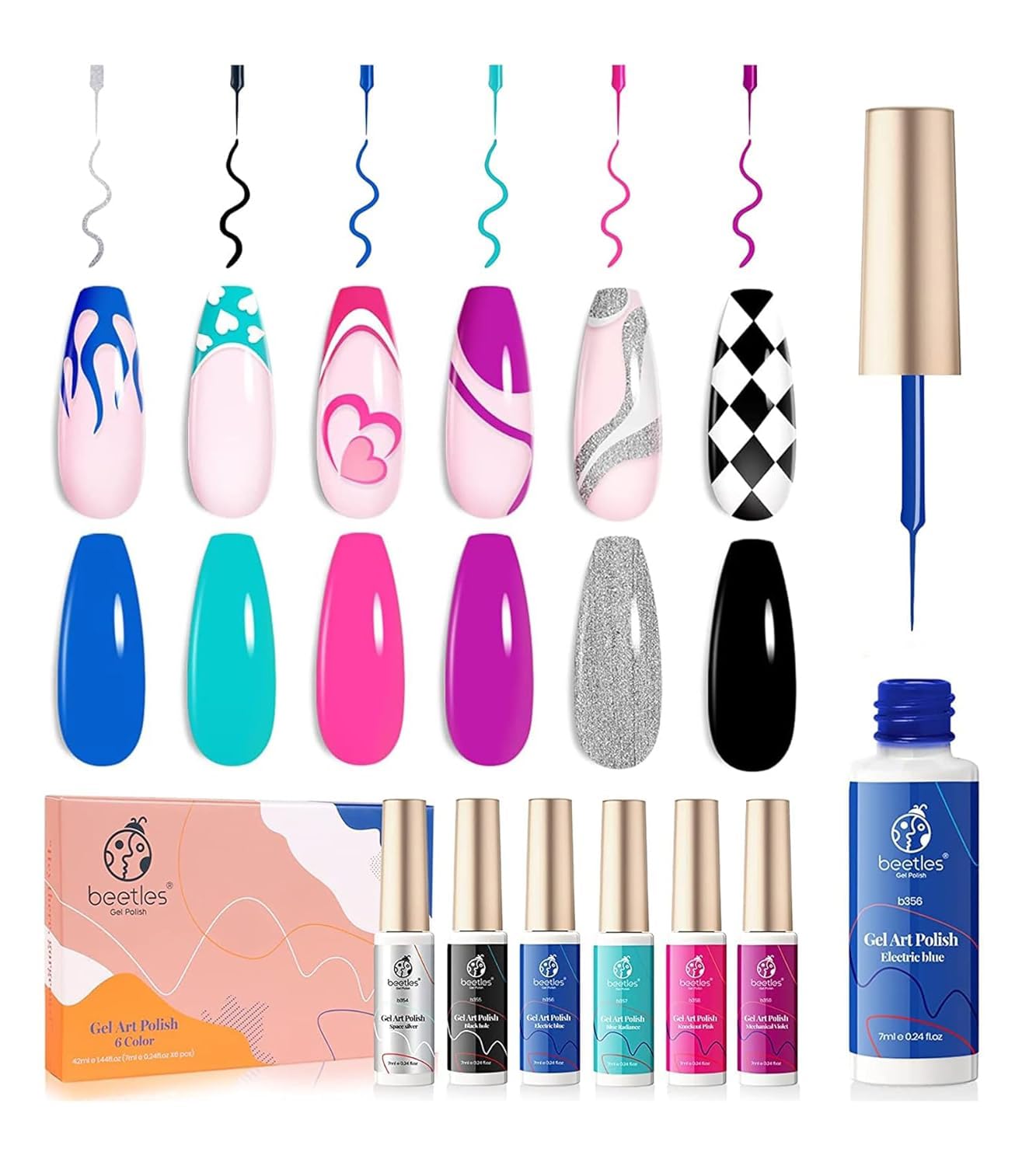 beetles gel polish front packaging showing six neon colors and labels for easy selection