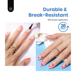 Beetles Gel Polish tips beside a hand to show size and real-life scale