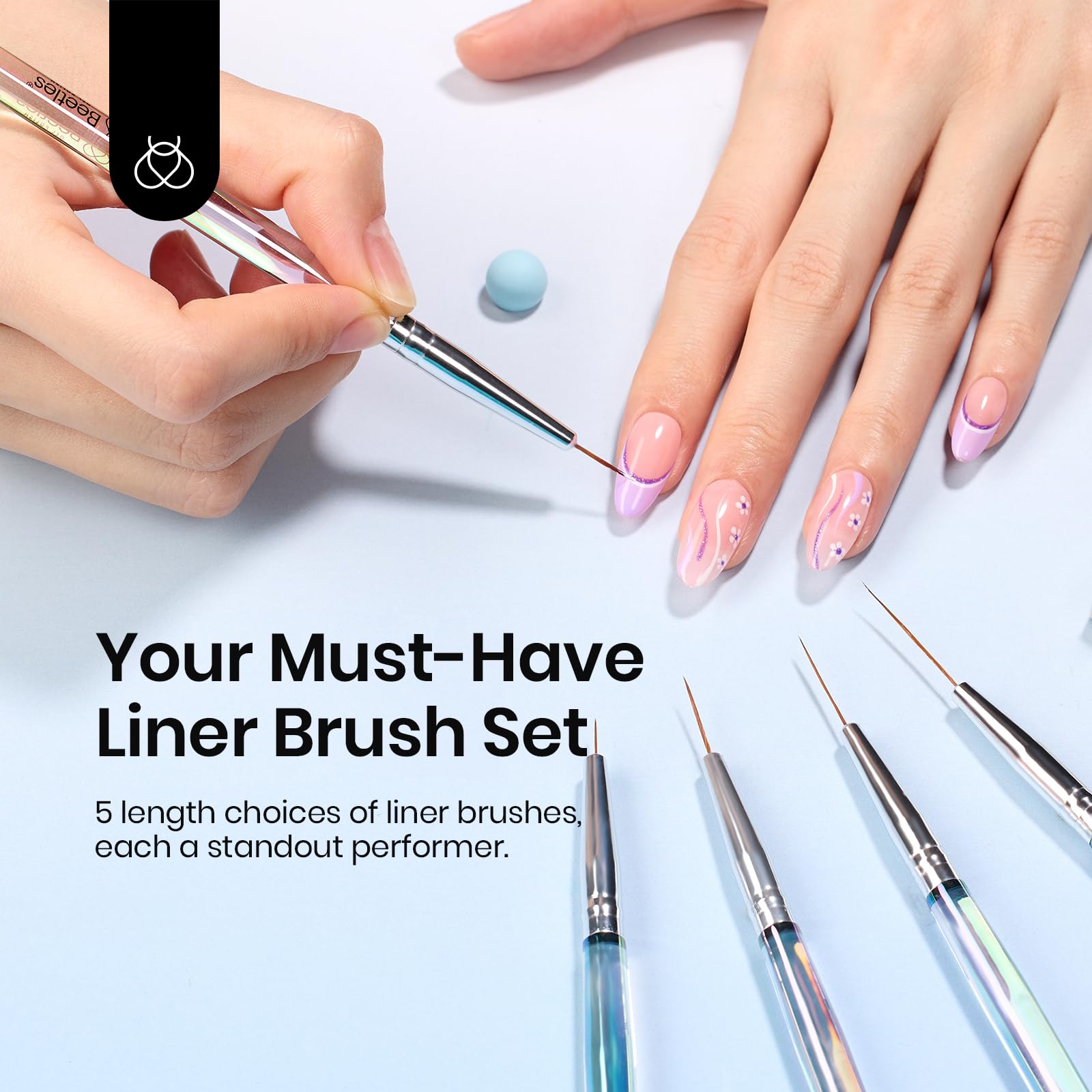 Beetles Gel Polish five brush lengths laid out for precision choices
