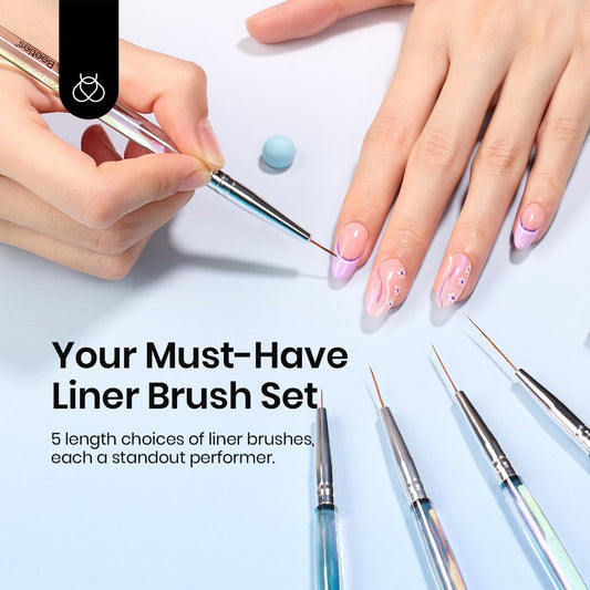 Beetles Gel Polish five brush lengths laid out for precision choices