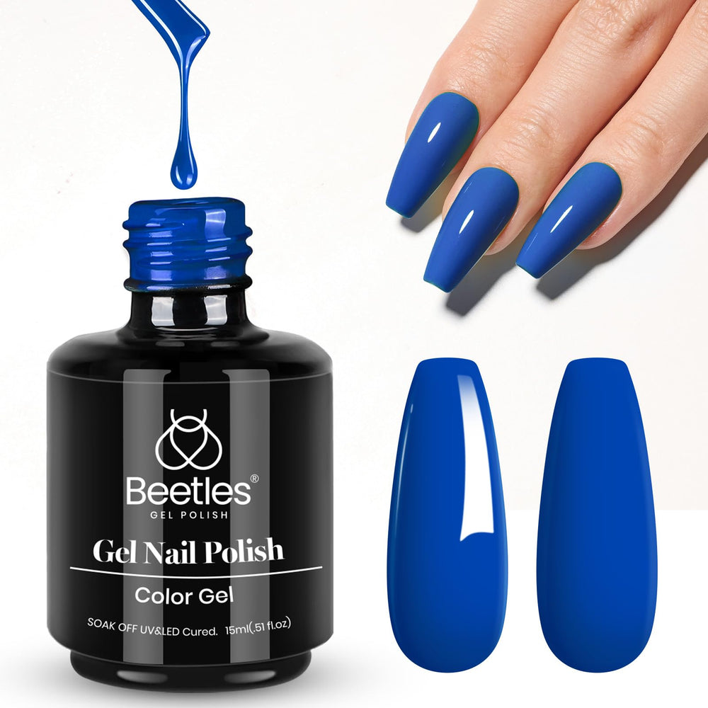 Beetles Gel Polish front bottle showing cobalt blue label and 15ml size for clear identification