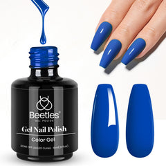 Beetles Gel Polish front bottle showing cobalt blue label and 15ml size for clear identification