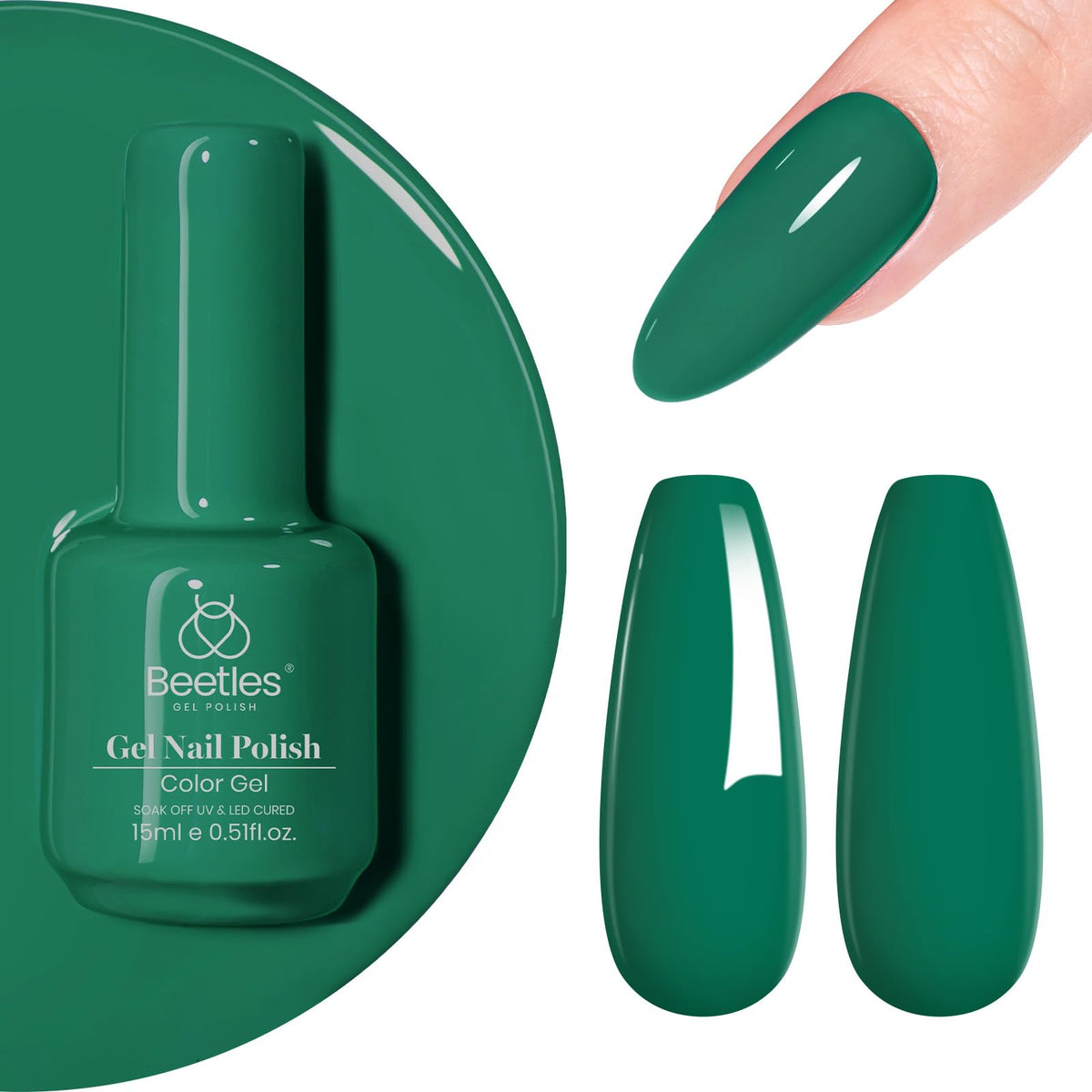 Beetles Gel Polish front bottle showing emerald green color and glossy finish