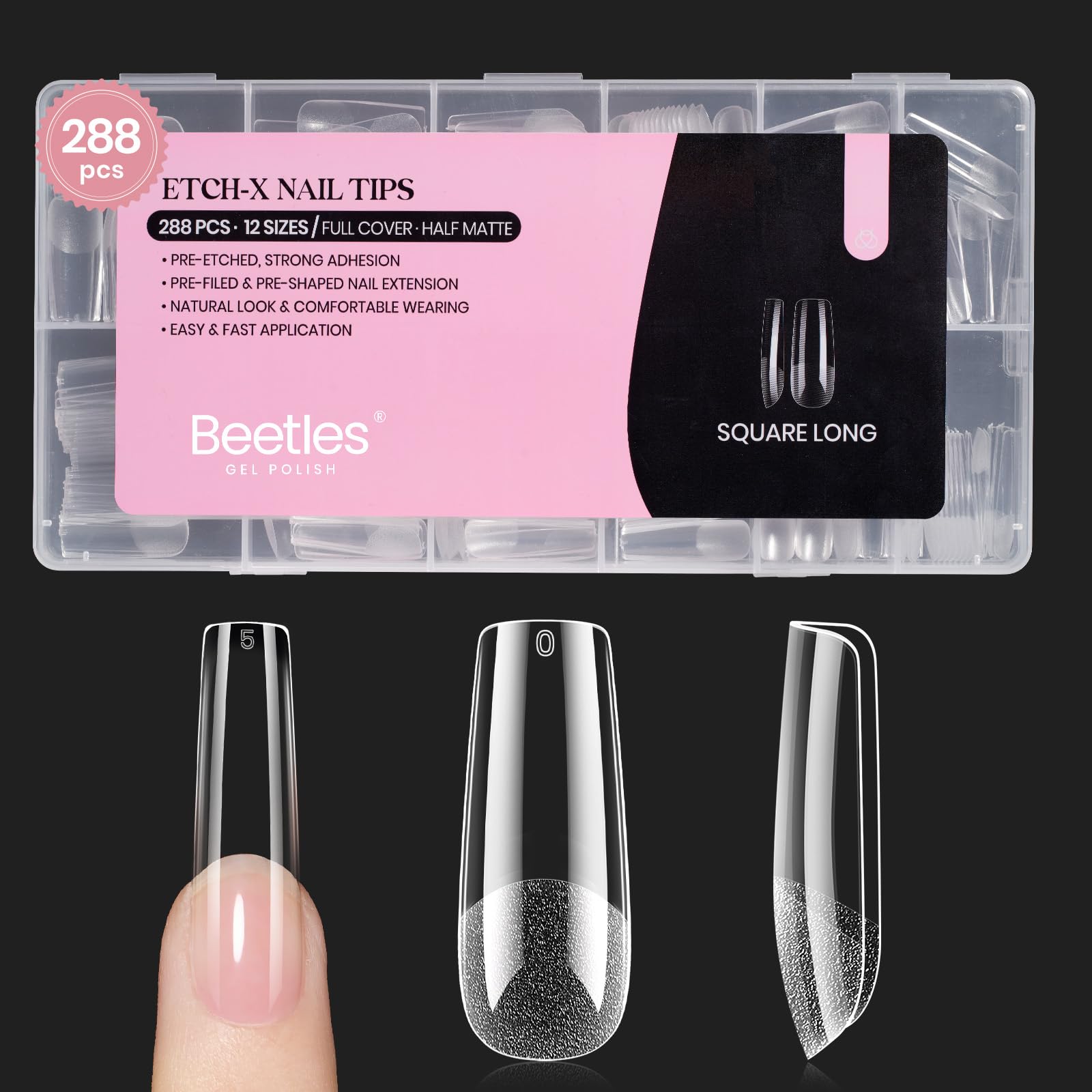 Beetles Gel Polish front pack of 288 long square tips showing full set benefit