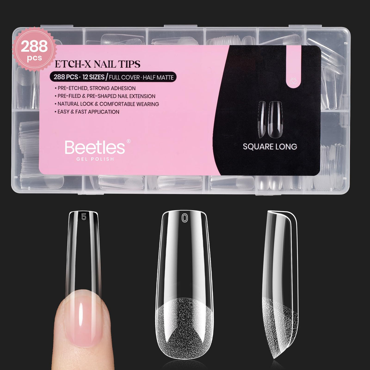 Beetles Gel Polish front pack of 288 long square tips showing full set benefit