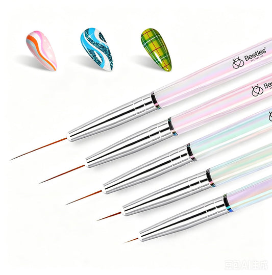 Beetles Gel Polish front packaging showing five liner brushes and benefits