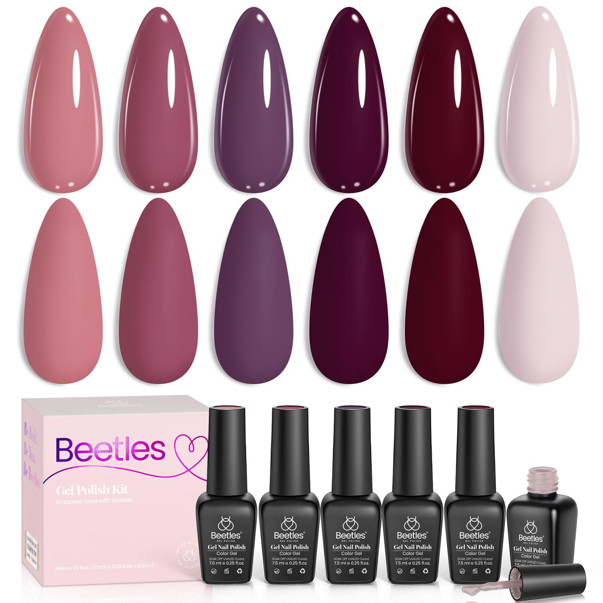 Beetles Gel Polish front packaging showing six purple shades and kit benefits