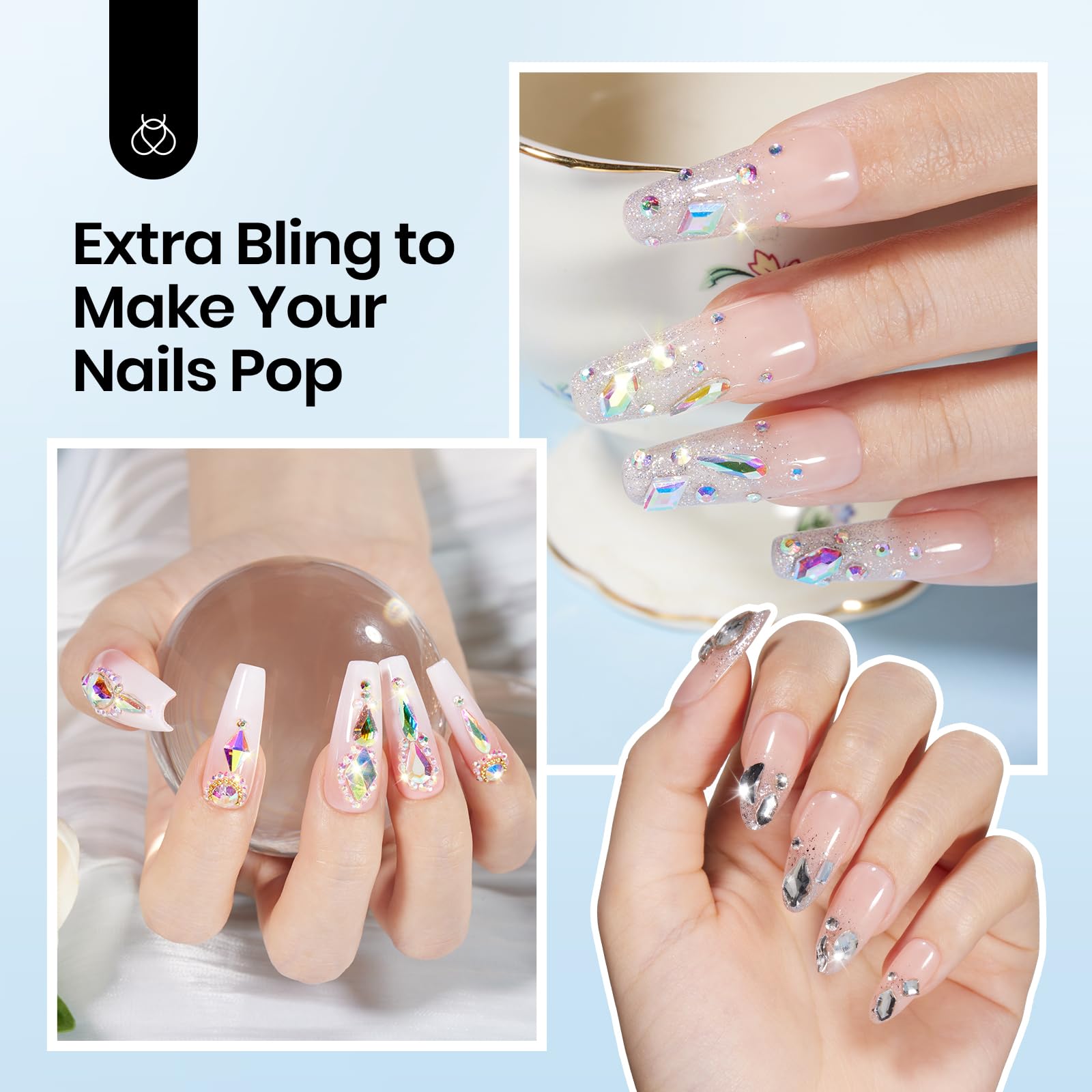 beetles Gel Polish gems placed on nail swatch demonstrating decorative effect