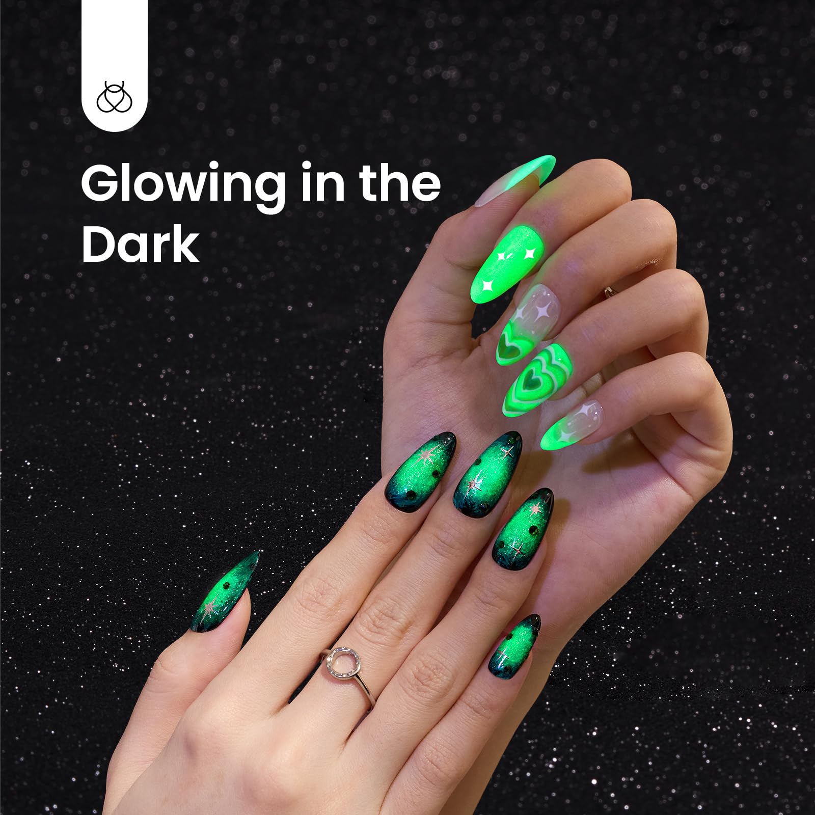 Beetles Gel Polish glowing nails in dark to show luminous green night effect