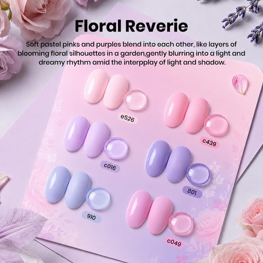 beetles six gel polish bottles arranged to show coordinated pink and purple shades benefits styling