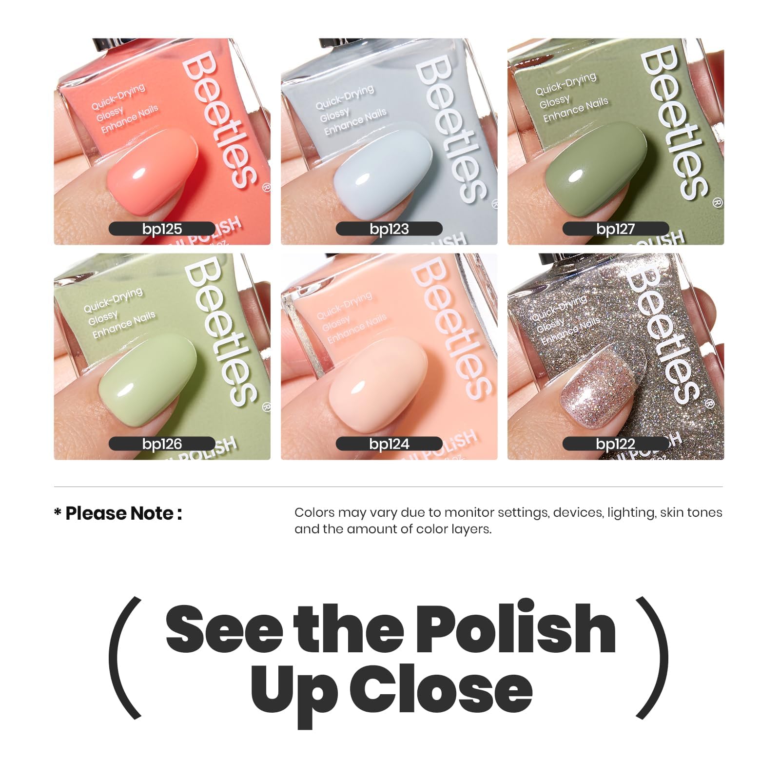 Beetles Gel Polish swatch display on nail tips illustrating color range and quick drying
