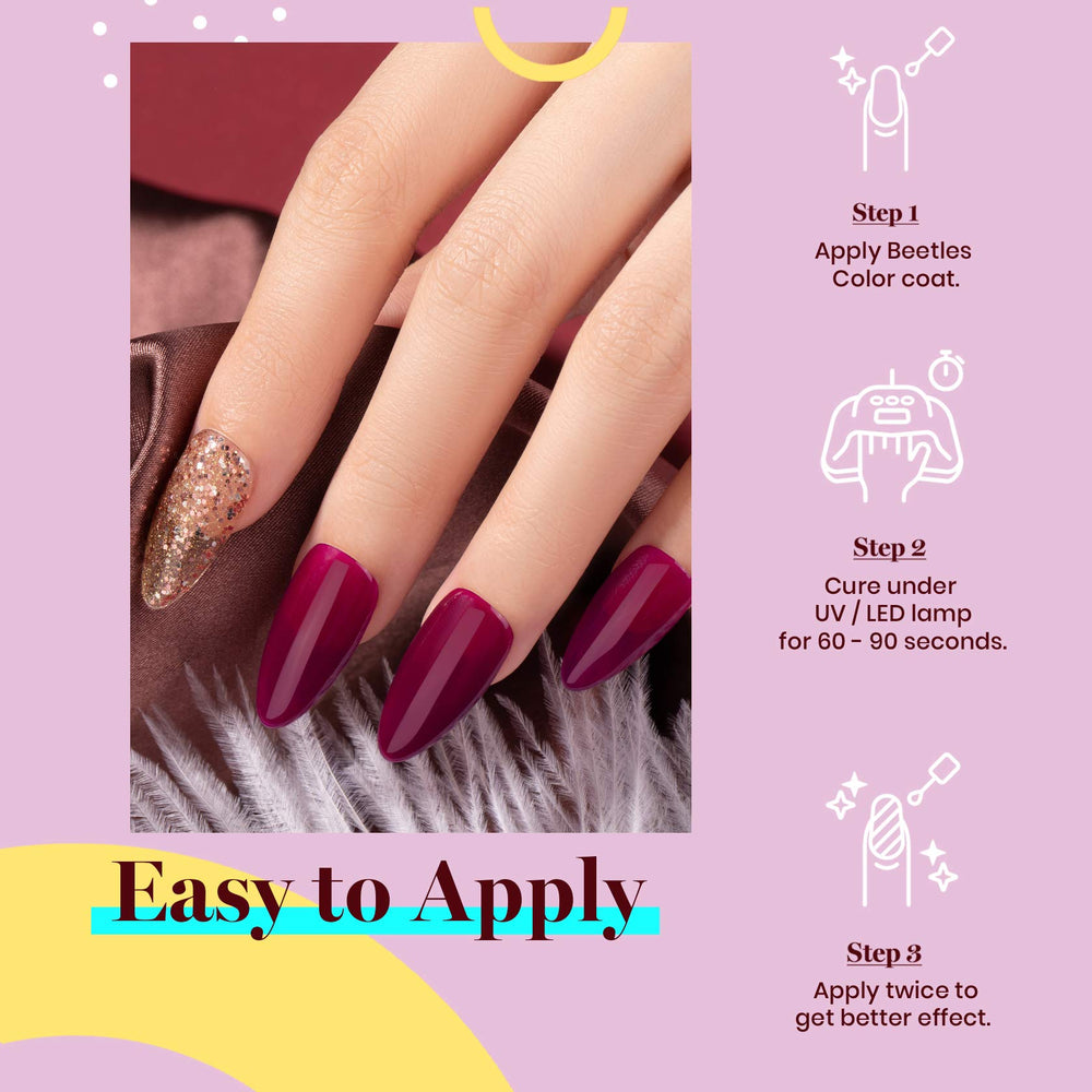 Beetles Gel Polish brush stroke of Vanessa Wine showing smooth, high-pigment application benefit