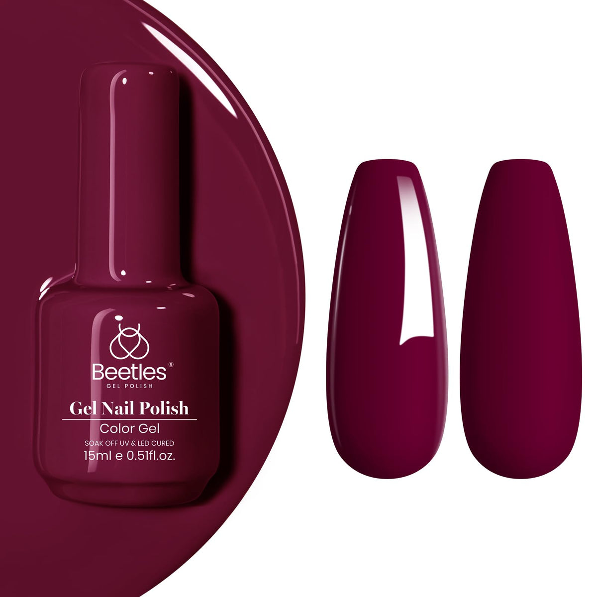 Beetles Gel Polish front bottle showing Vanessa Wine burgundy shade and clear labeling benefit