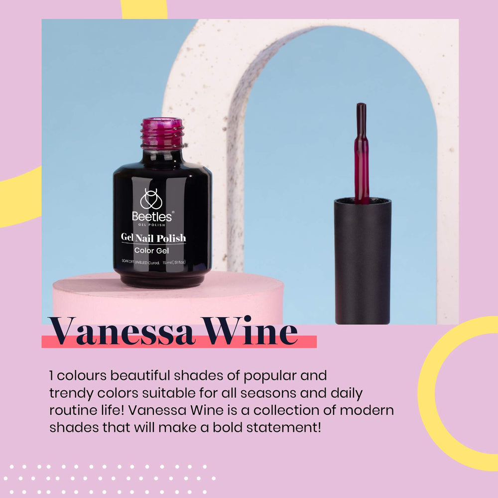 Beetles Gel Polish color swatches on plate illustrating Vanessa Wine opacity and layering benefit