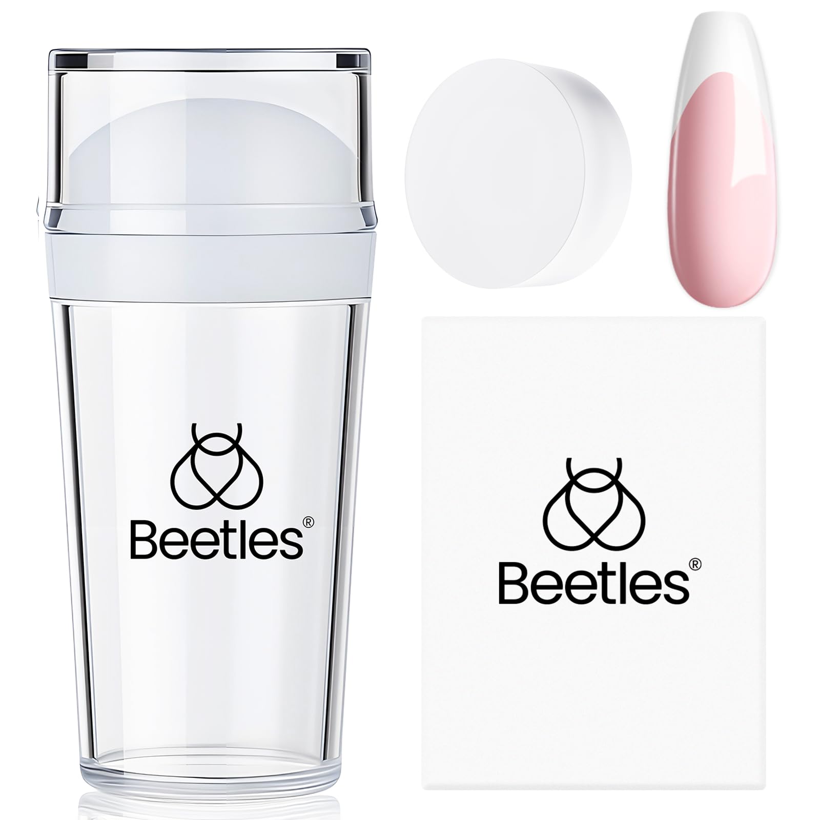 Beetles Gel Polish stamper set front view showing contents and clear alignment benefit