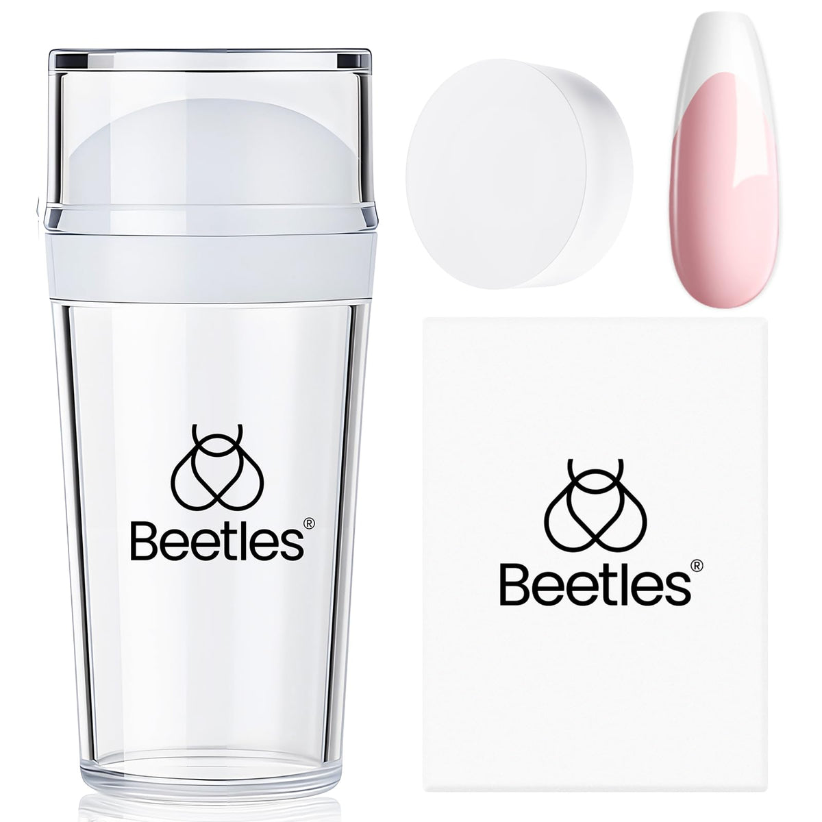 Beetles Gel Polish stamper set front view showing contents and clear alignment benefit