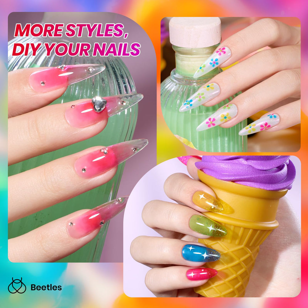 Beetles Gel Polish swatch strip displaying all six translucent neon jelly shades